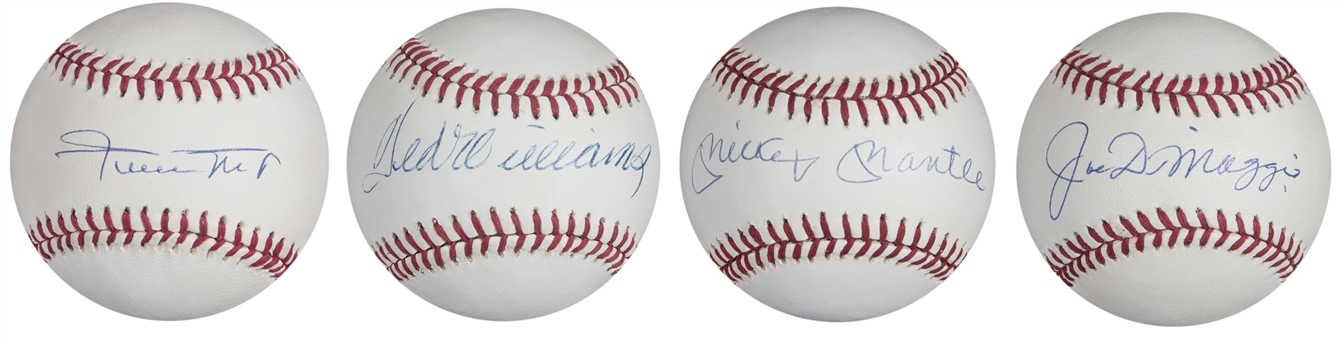 Lot of (4) Hall of Famers Single Signed Baseballs: Mantle, Williams, DiMaggio & Mays (Beckett & JSA)